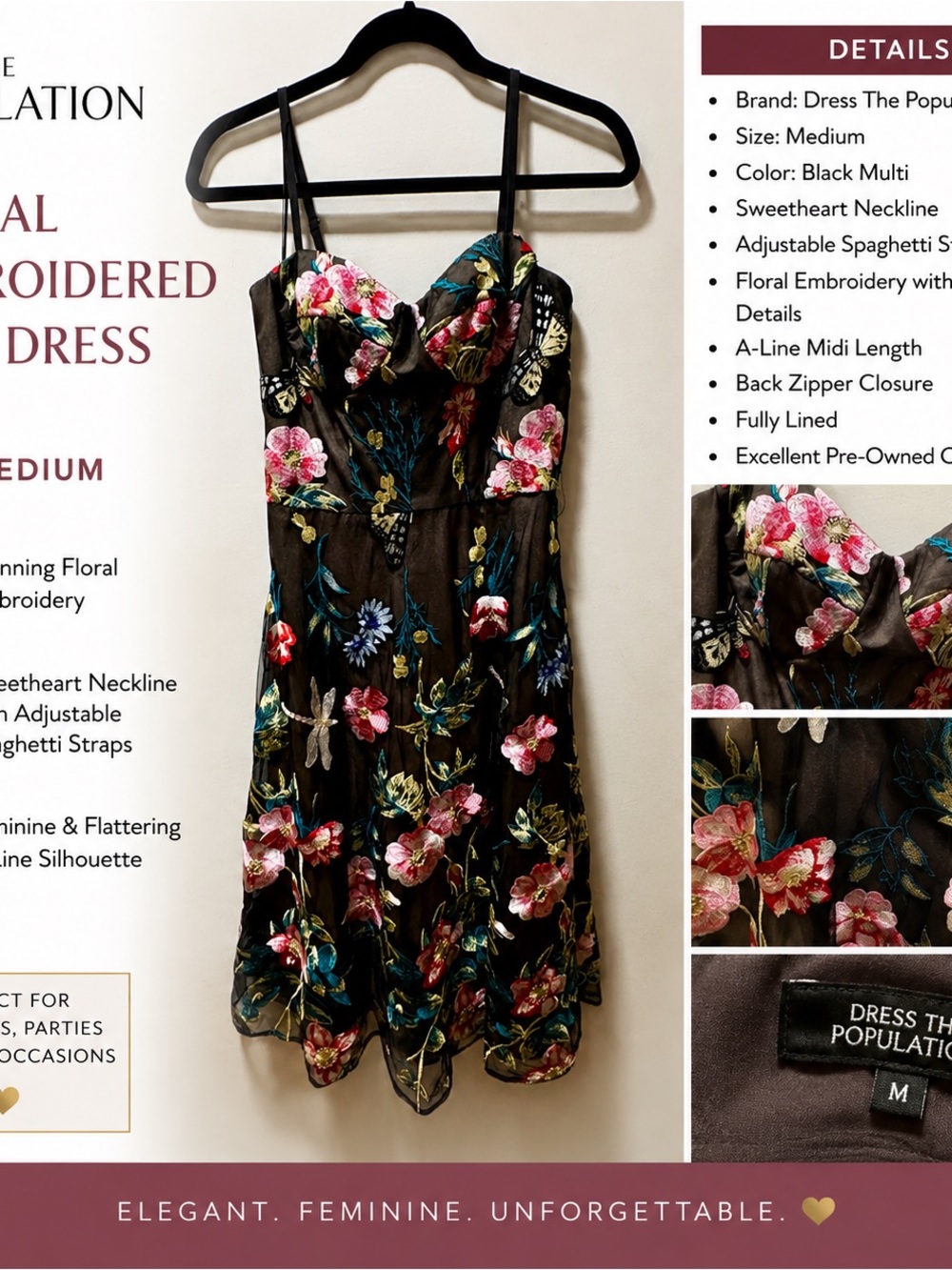 Dress the Population Black Multi Floral Embroidered Midi Dress